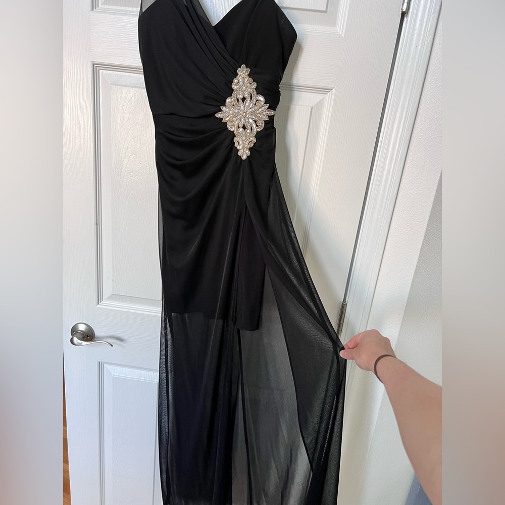Black formal gown with jewel accent